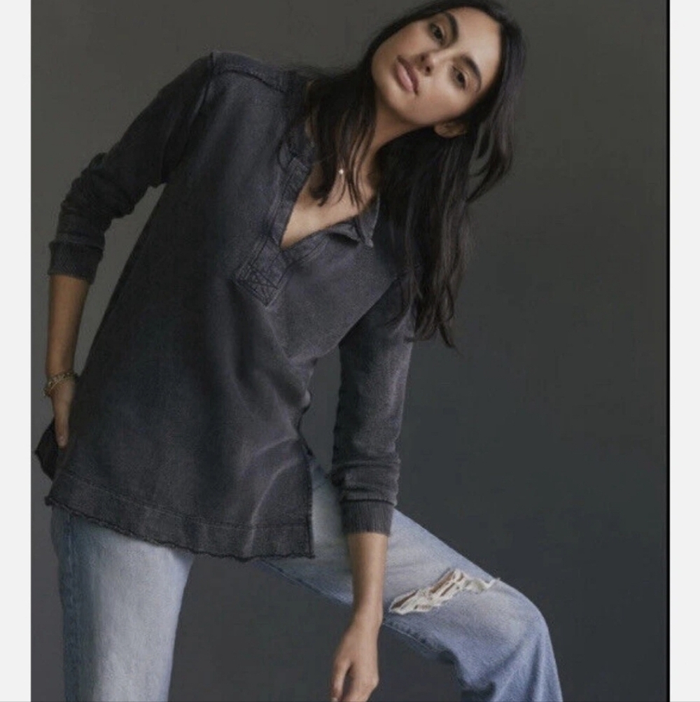 ANTHROPOLOGIE Pilcro Split Hem Tunic Distressed Sweatshirt LARGE